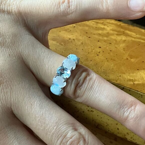 Blue Topaz Rainbow Moonstone Sterling Silver Ring Size 6 - Picture 4 of 9